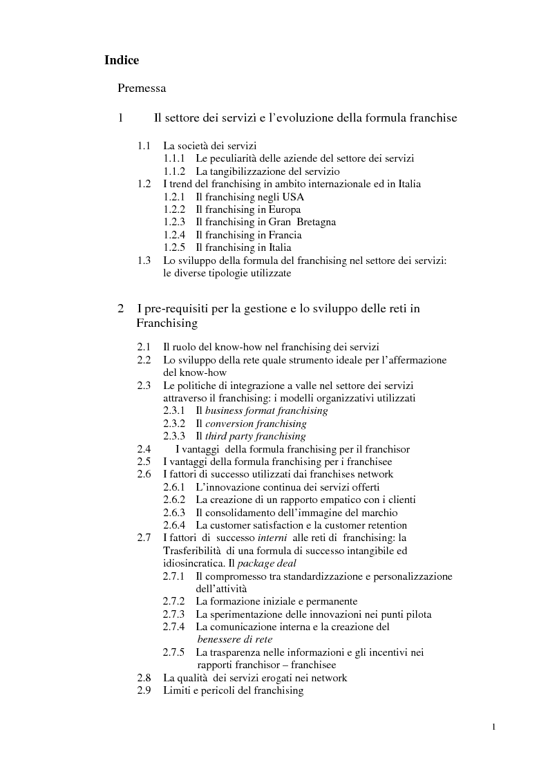 Indice della tesi: Specificità ed evoluzione del franchising dei servizi, Pagina 1