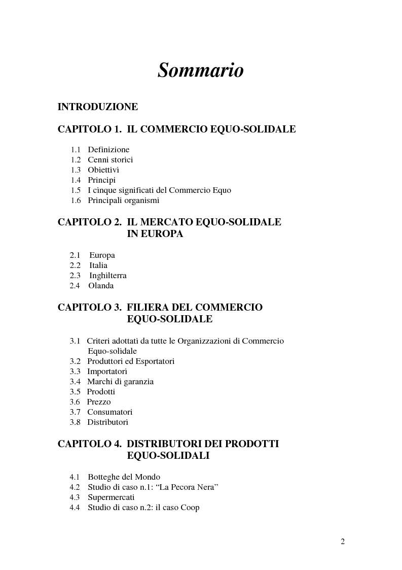 Indice della tesi: Le strategie di marketing nel commercio equo-solidale - I casi Esselunga e Coop, Pagina 1