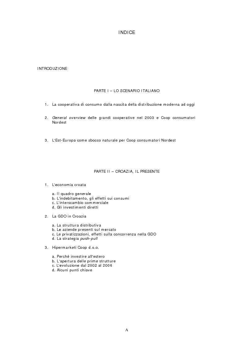 Indice della tesi: Il modello cooperativo italiano della GDO di fronte all'internazionalizzazione dei mercati e all'allargamento dell'Unione Europea, il caso di Coop consumatori Nordest., Pagina 1