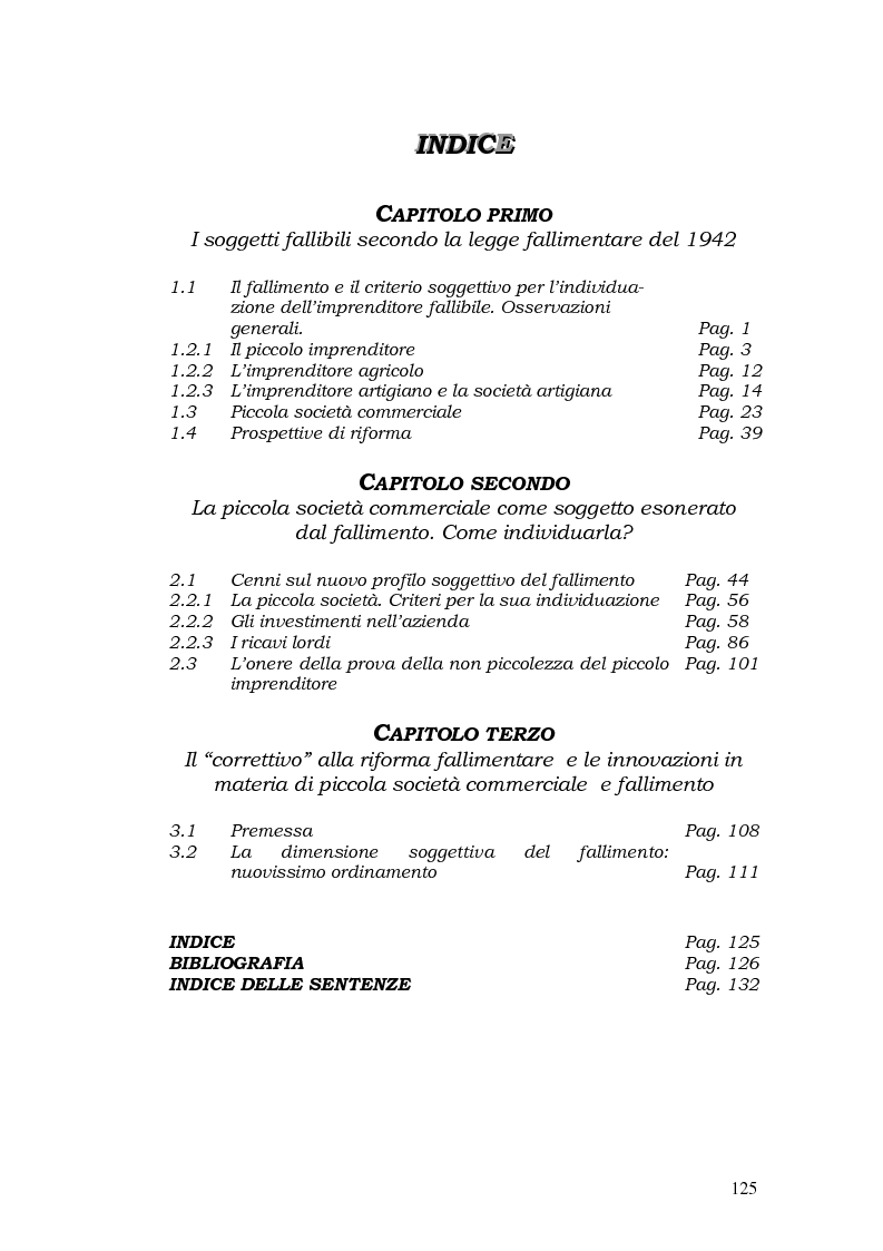 Indice della tesi: Piccola società e fallimento, Pagina 1