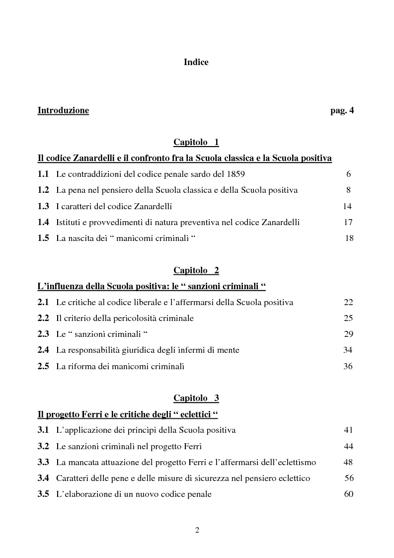 Indice della tesi: Misure di sicurezza e doppio binario: dall'equivoco storico del codice liberale al sistema del codice Rocco. Il paradigma dei manicomi ''criminali''., Pagina 1
