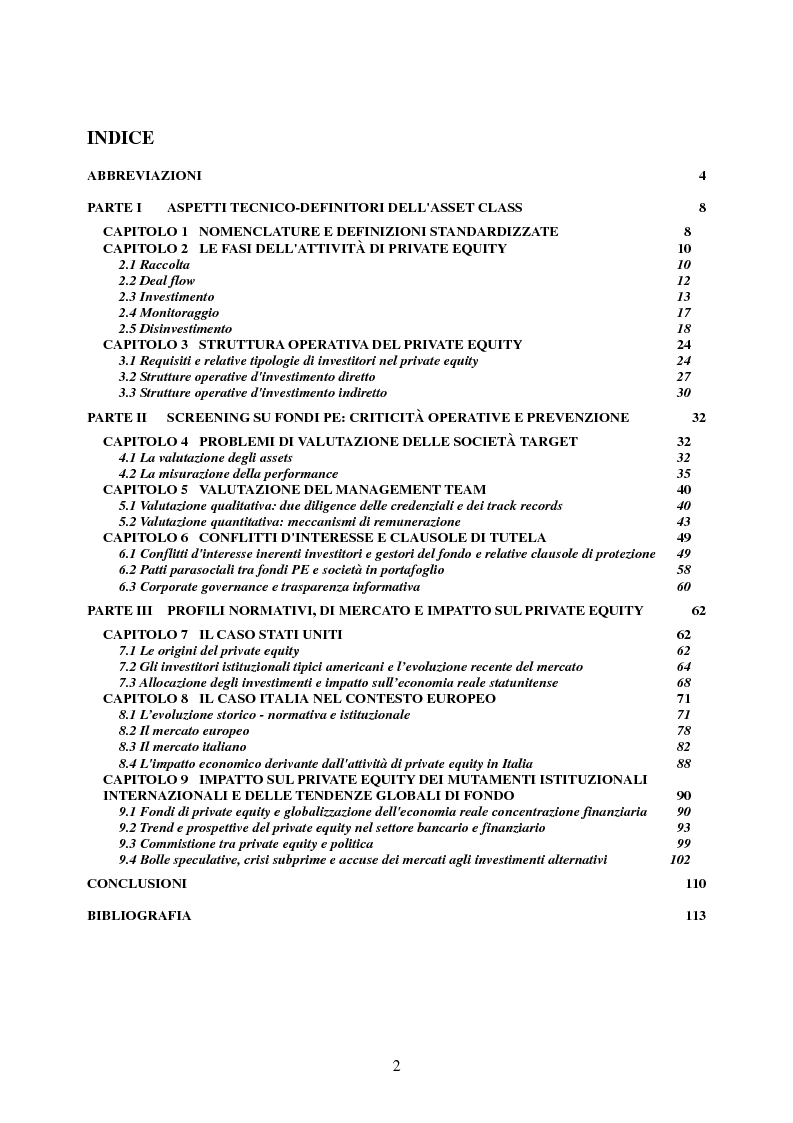 Indice della tesi: Ruolo e integrazione del private equity nelle economie avanzate, Pagina 1