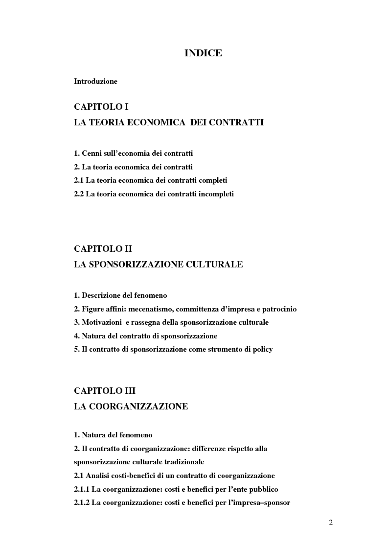 Indice della tesi: I contratti di coorganizzazione: un'analisi economica, Pagina 1