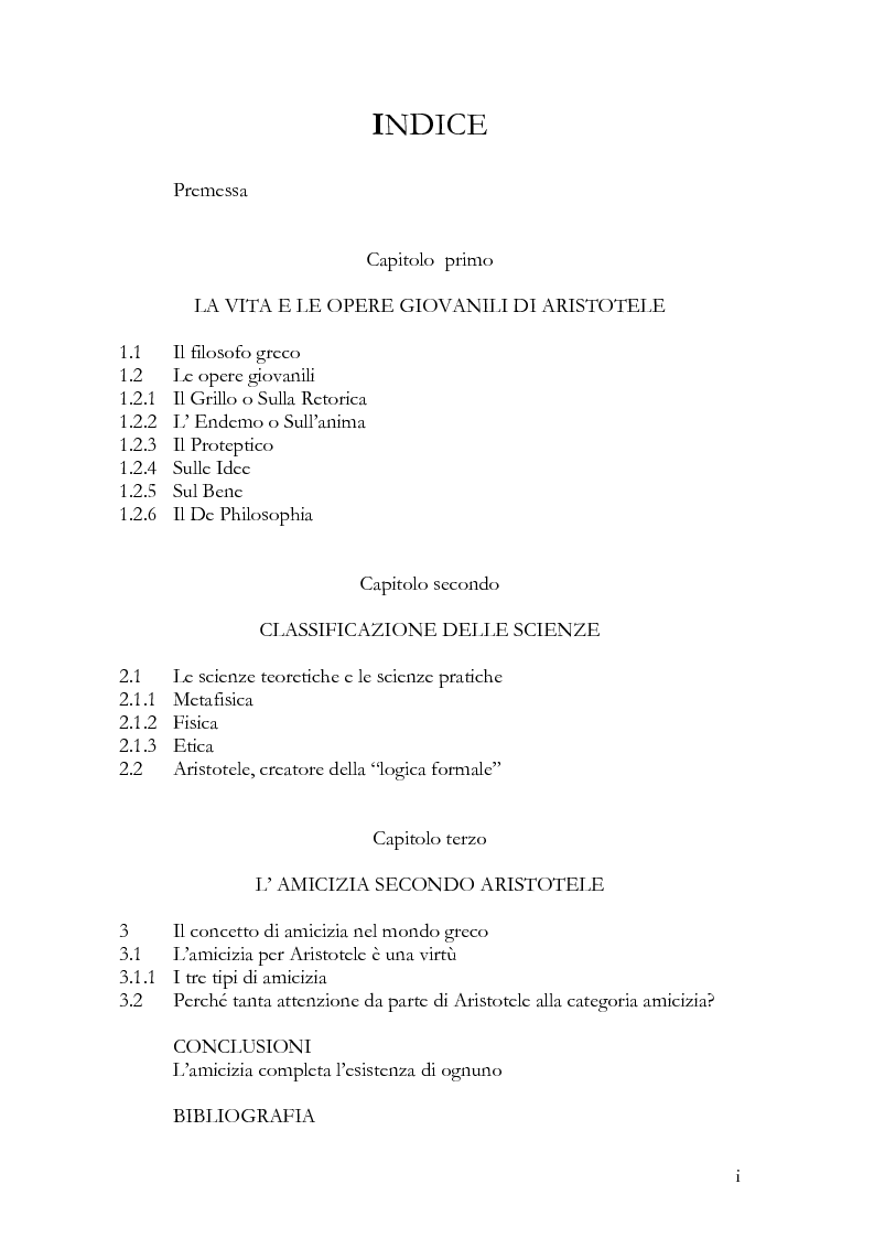 Indice della tesi: Il concetto di amicizia in Aristotele, Pagina 1
