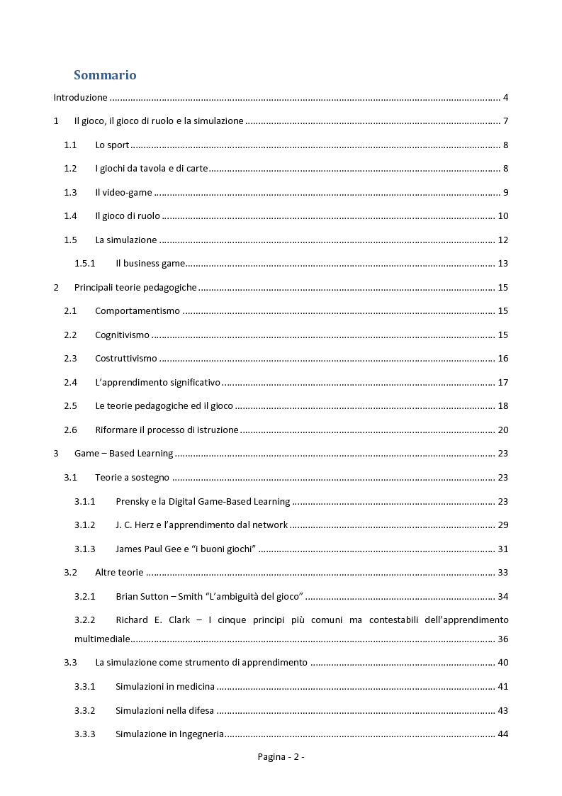 Indice della tesi: Il Game-Based Learning: le nuove frontiere dell'apprendimento dalla simulazione al gioco di ruolo, Pagina 1