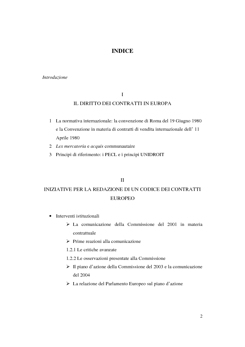 Indice della tesi: Armonizzazione del diritto contrattuale europeo e spunti di codificazione: profili di diritto privato europeo, Pagina 1