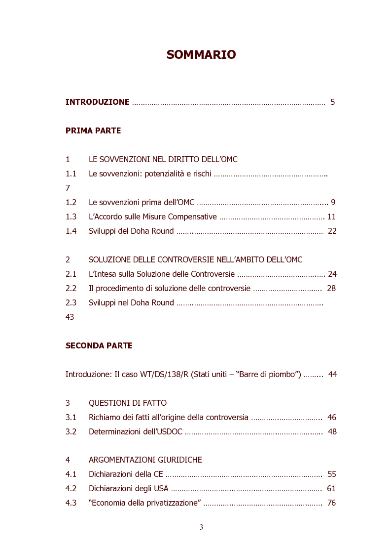 Indice della tesi: I dazi compensativi nel diritto dell'OMC: il caso DS138 (USA-CE), Pagina 1