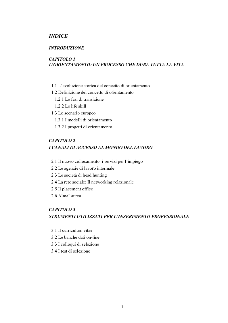 Indice della tesi: I canali di accesso al mondo del lavoro, Pagina 1