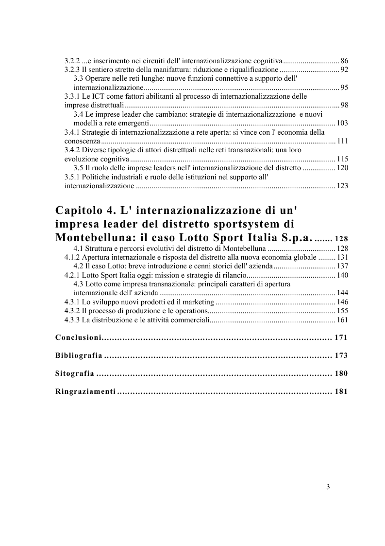 Indice della tesi: Strategie di internazionalizzazione di un'impresa leader distrettuale: verso la rete transnazionale. Il caso Lotto Sport Italia S.p.a., Pagina 2