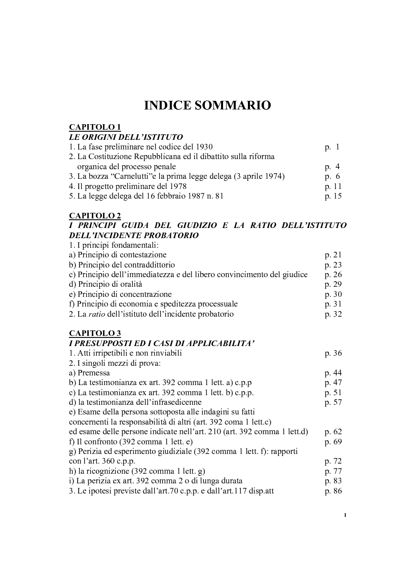 Indice della tesi: L'incidente probatorio, Pagina 1
