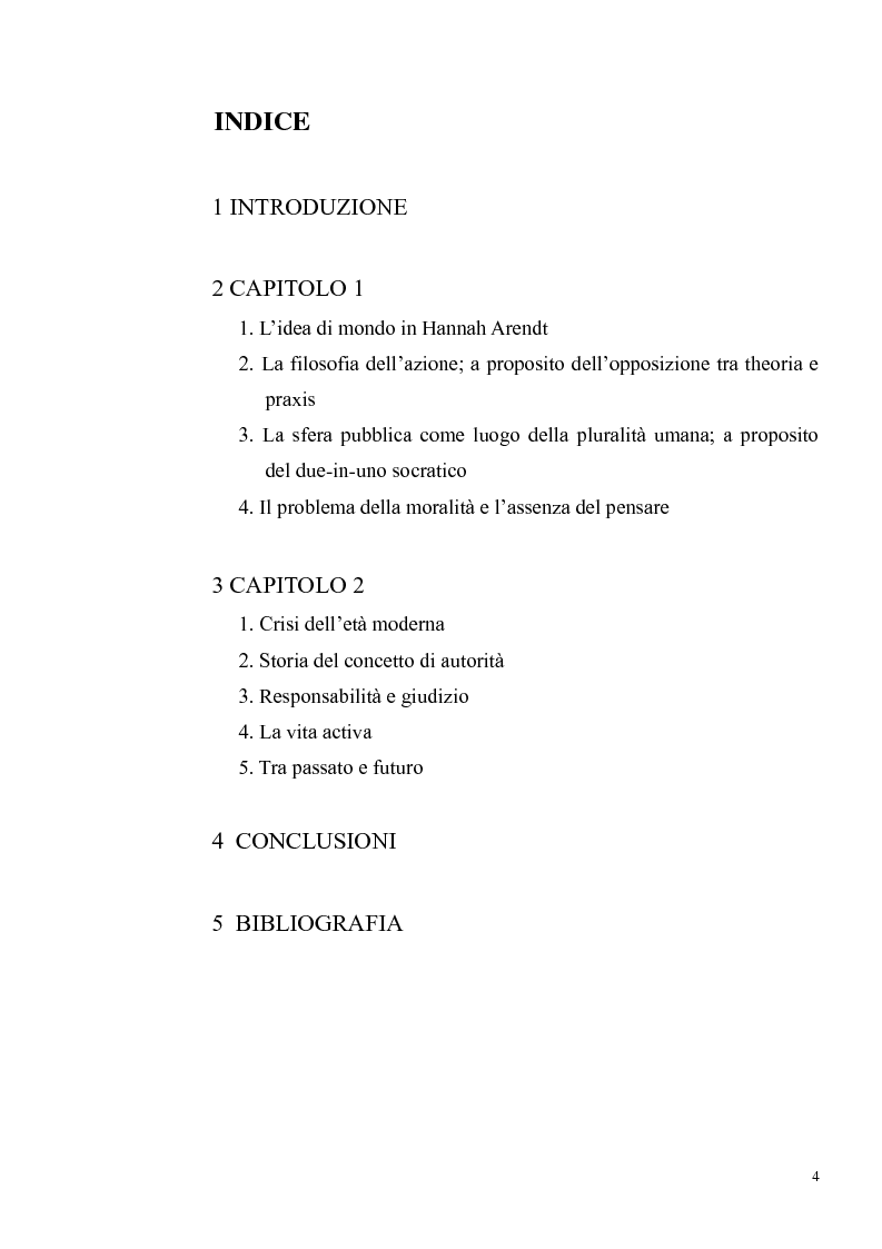 Indice della tesi: Pensiero e azione in Hannah Arendt. A proposito di ''Tra passato e futuro''., Pagina 1