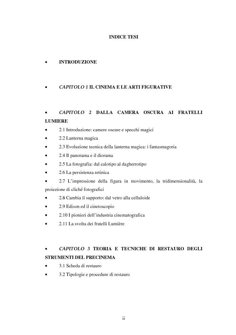 Indice della tesi: Gli strumenti del precinema e la pellicola cinematografica: storia, conservazione, restauro, Pagina 1