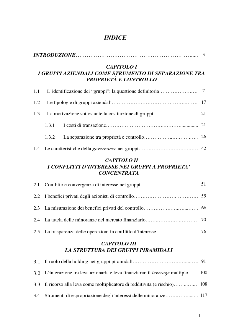 Indice della tesi: Struttura piramidale e patti parasociali nelle valutazioni di mercato delle imprese, Pagina 1