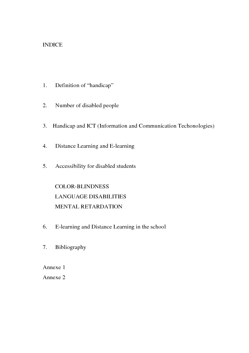 Indice della tesi: E-learning and Distance Learning for students with disabilities, Pagina 1