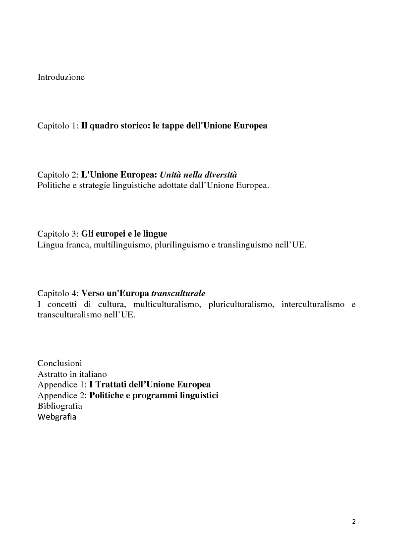 Indice della tesi: Dal multilinguismo al translinguismo: verso l'idea di una nuova Europa, Pagina 1