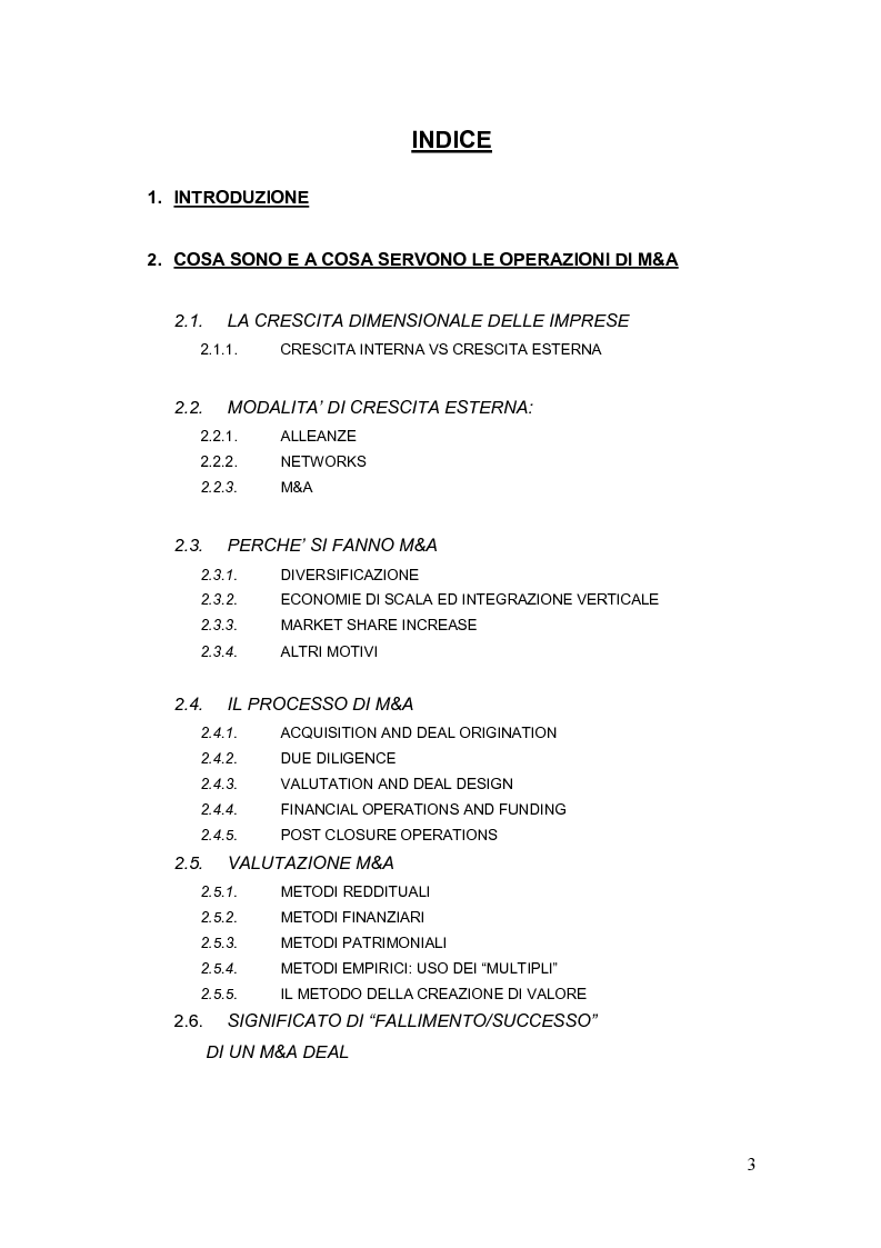 Indice della tesi: M&A DOs and DONTs. Un modello di valutazione ex-ante. Il caso Finmeccanica, Pagina 1