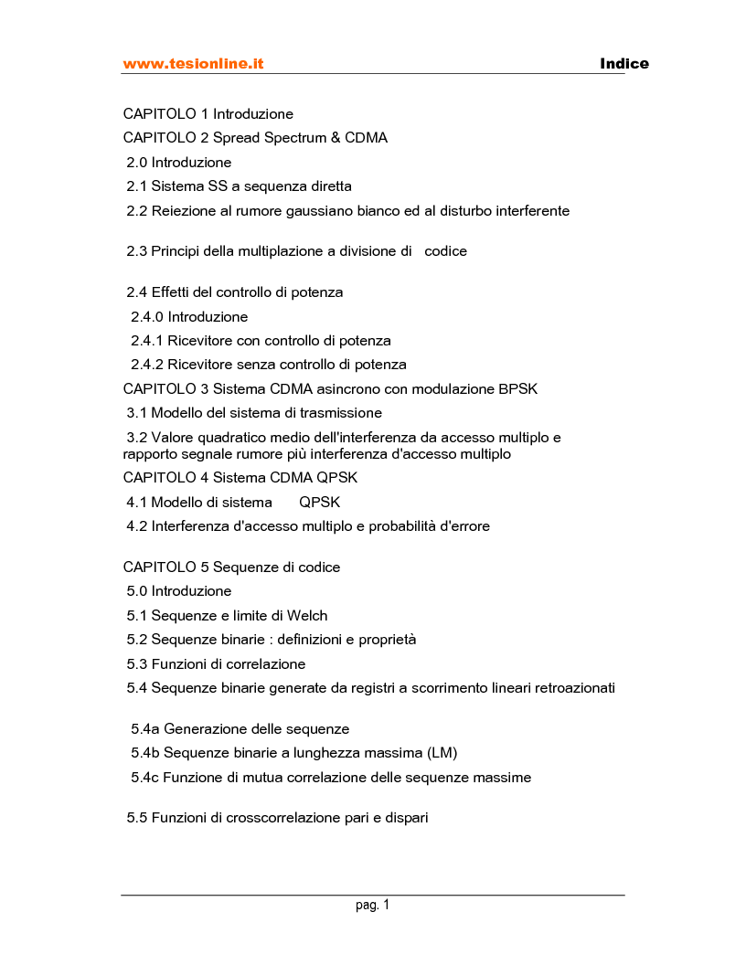 Indice della tesi: Nuove sequenze di cifratura per sistemi ad accesso multiplo a divisione di codice dedicati alle comunicazioni radiomobili, Pagina 1