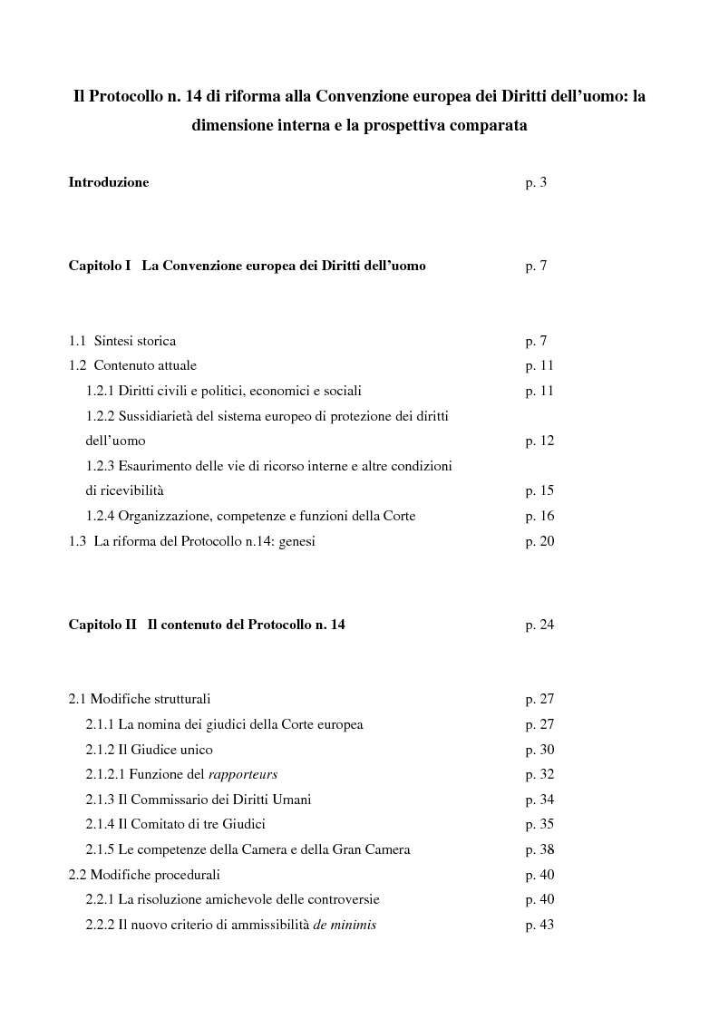 Indice della tesi: Il Protocollo n. 14 di riforma alla Convenzione europea dei Diritti dell'uomo: dimensione interna e prospettiva comparata, Pagina 1