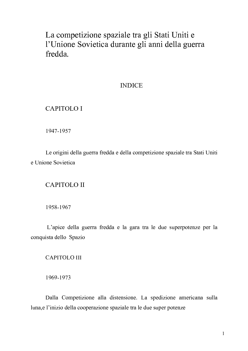 Indice della tesi: La competizione spaziale tra gli Stati Uniti e l’Unione Sovietica durante gli anni della guerra fredda, Pagina 1