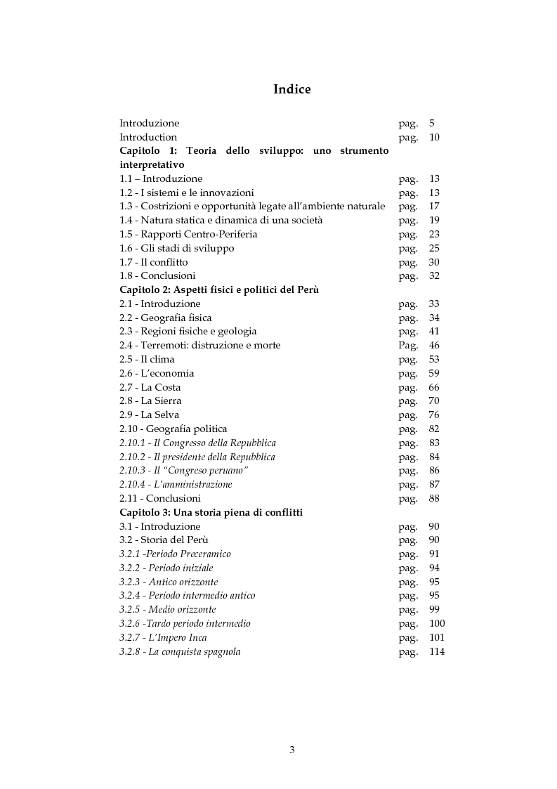 Indice della tesi: Multidimensionalità dello sviluppo. L'esperienza della Comunità Missionaria di Villaregia in Perù., Pagina 1