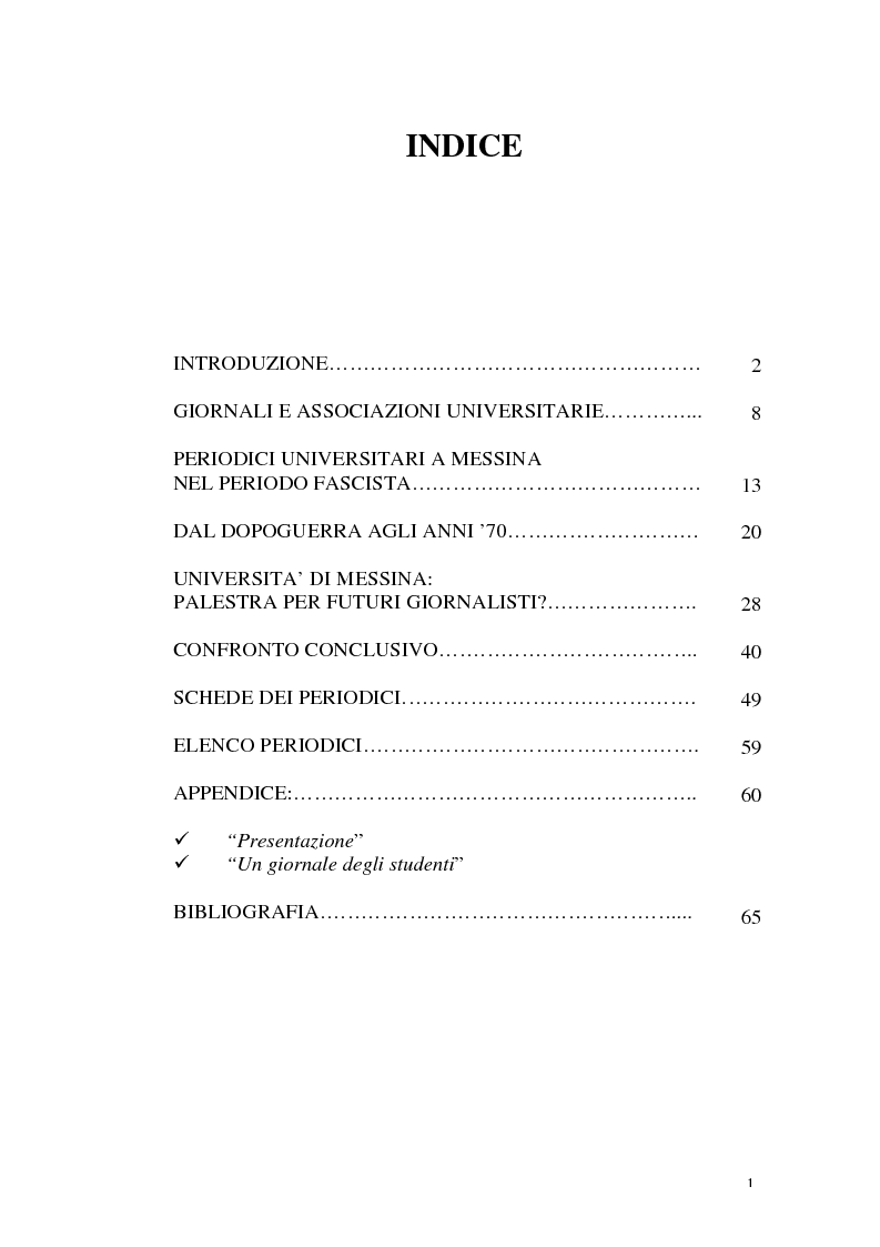 Indice della tesi: I giornali degli studenti universitari messinesi dal periodo fascista ai giorni nostri, Pagina 1