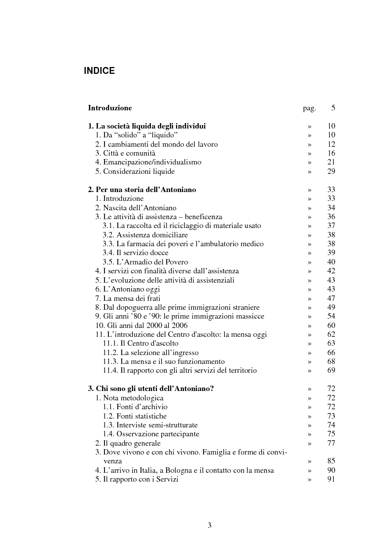 Indice della tesi: Aggiungi un posto a tavola. Una ricerca etnografica sui fruitori della mensa dell'Antoniano., Pagina 1