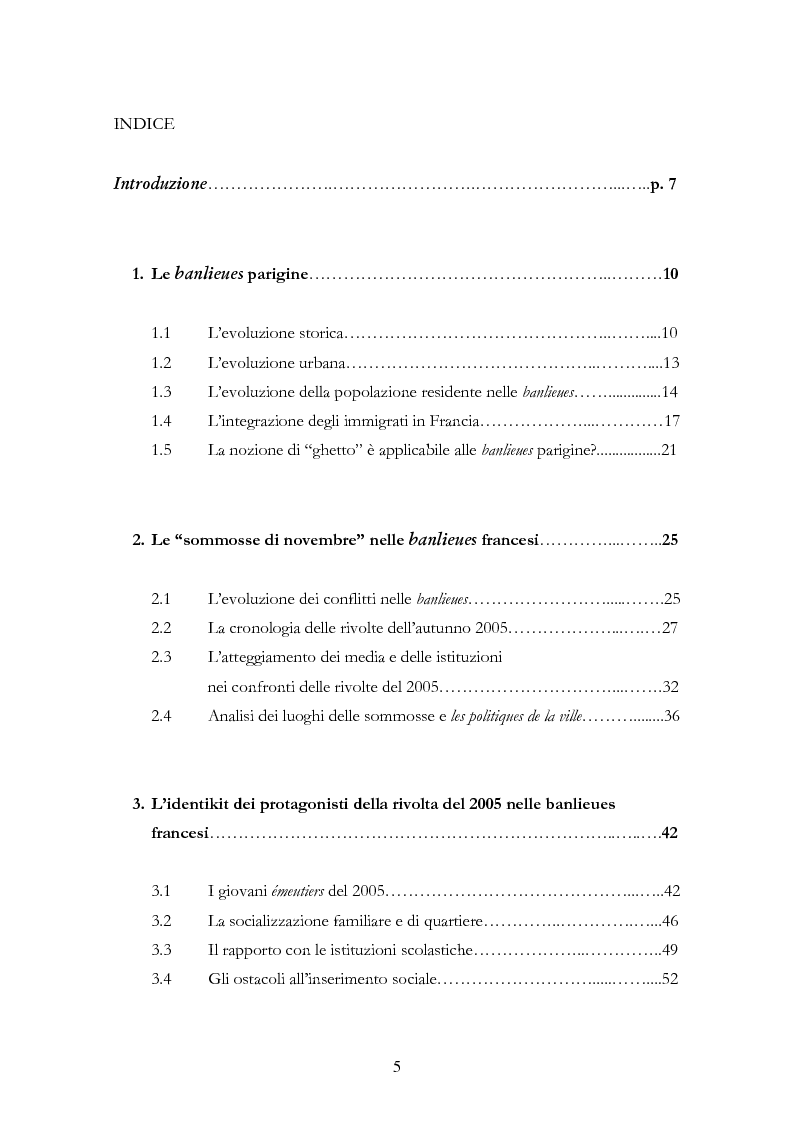 Indice della tesi: La rivolta del 2005 nelle banlieues francesi: analisi sociologica delle ragioni del conflitto, Pagina 1