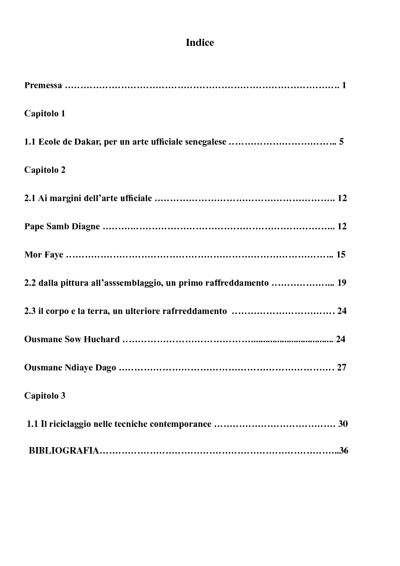Indice della tesi: L'arte in Senegal dall'indipendenza ad oggi. 1960-2008, Pagina 1