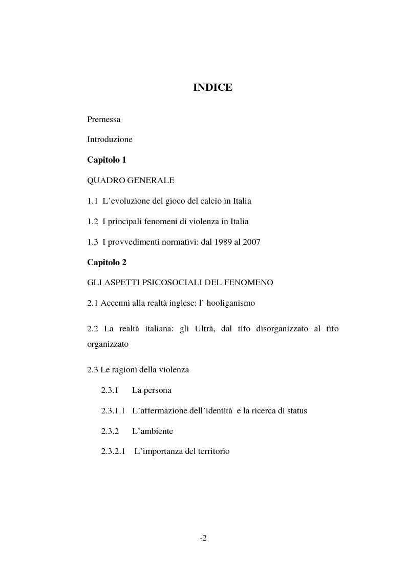 Indice della tesi: Le politiche di contrasto al fenomeno della violenza negli stadi, Pagina 1