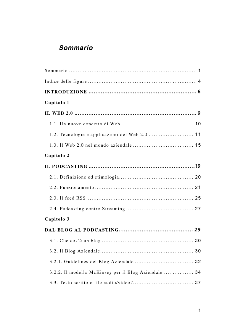 Indice della tesi: Il Podcasting Aziendale, Pagina 1