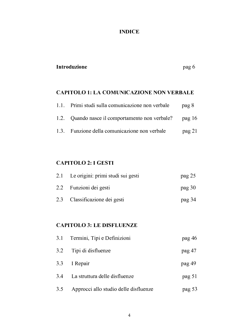 Indice della tesi: Comunicazione verbale e non verbale: il caso specifico dei gesti conversazionali e delle disfluenze, Pagina 1