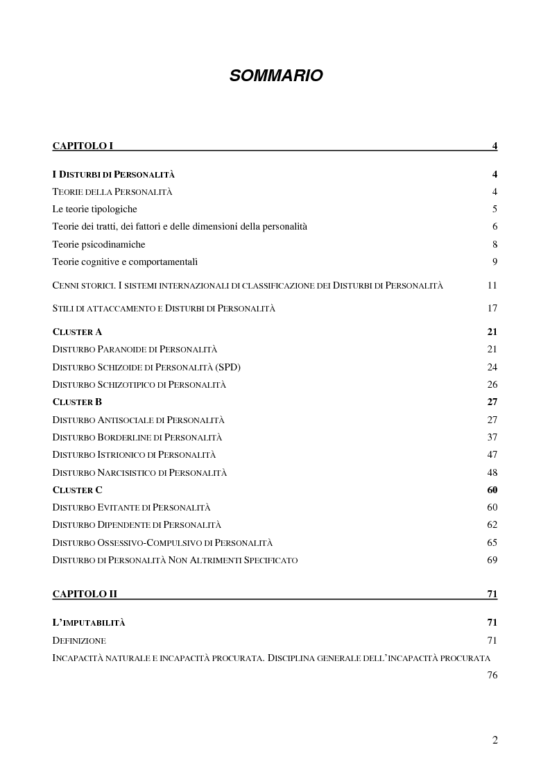 Indice della tesi: I disturbi di personalità e la loro rilevanza nel processo penale, Pagina 1
