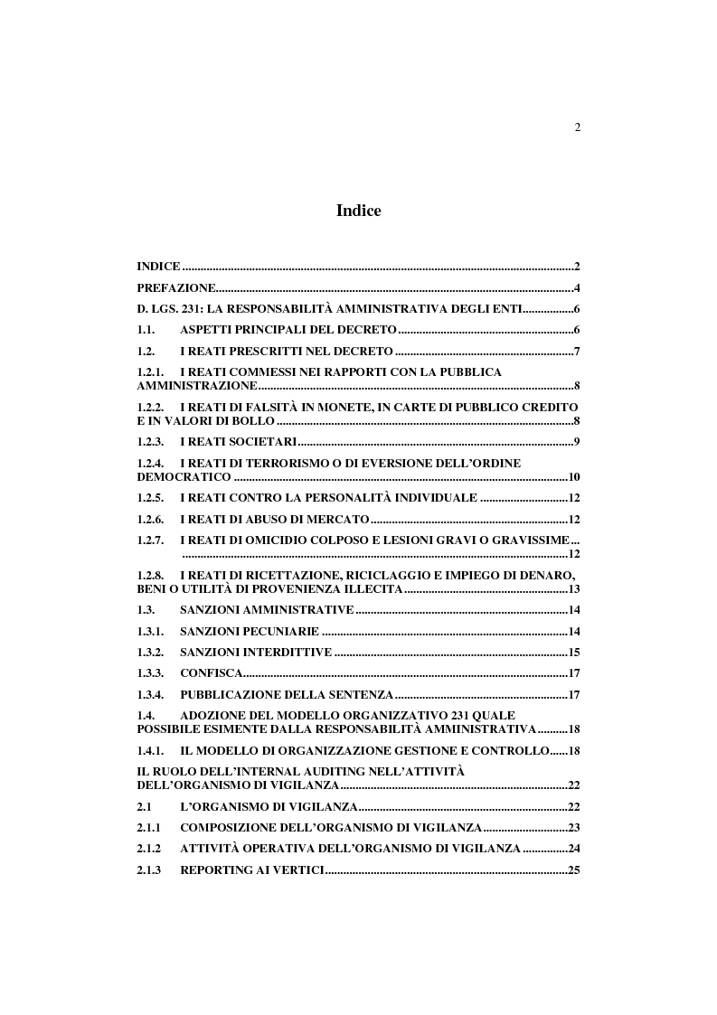 Indice della tesi: L'attività di audit a supporto dell'organismo di vigilanza - Il caso Terna S.p.A., Pagina 1