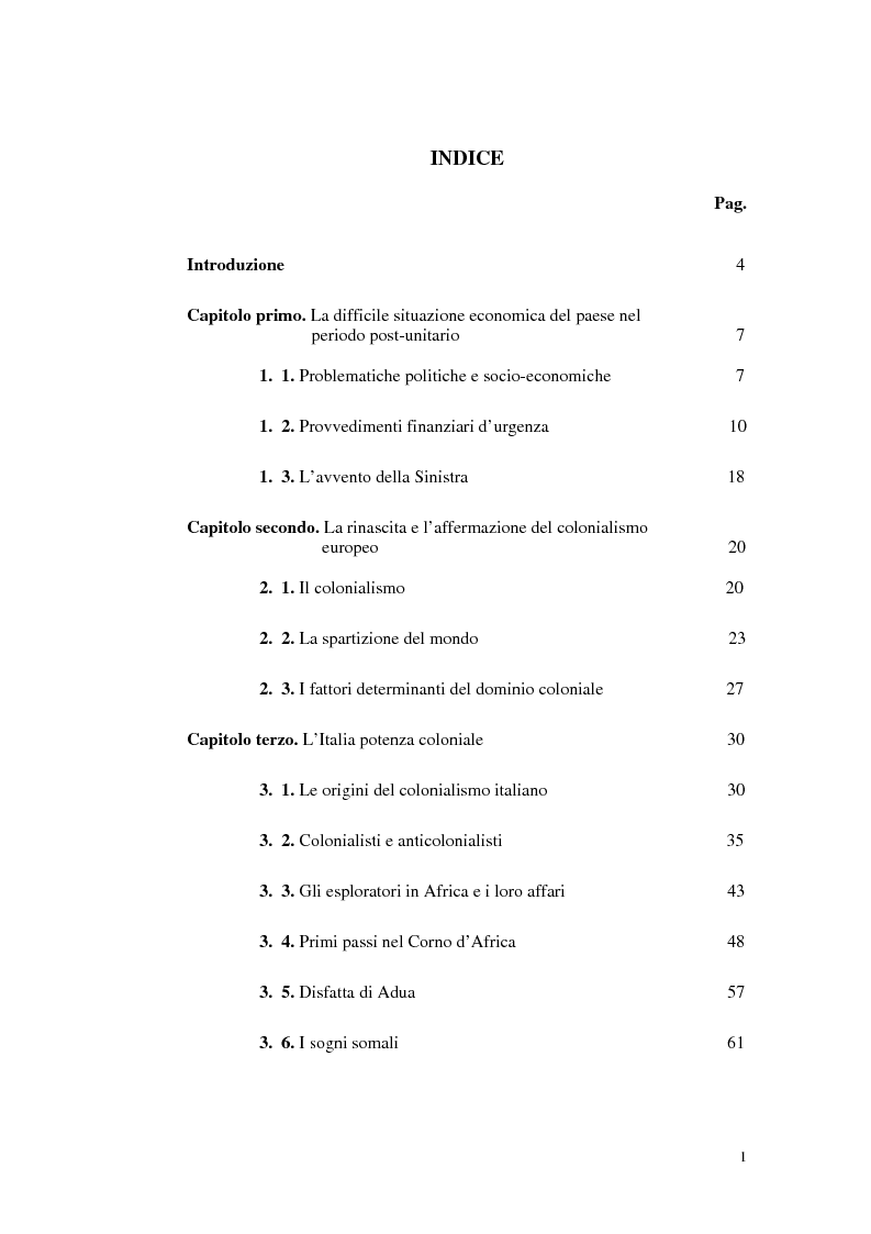 Indice della tesi: Colonialismo italiano: alcune riflessioni, Pagina 1
