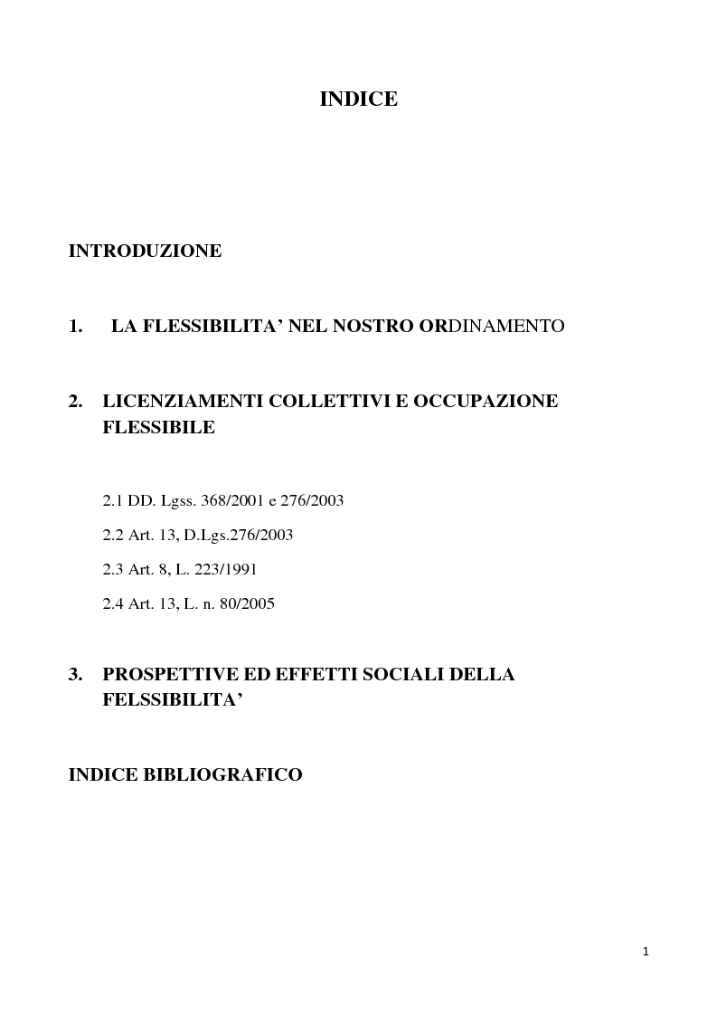 Indice della tesi: I licenziamenti collettivi tra flessibiltà ed effetti sociali, Pagina 1