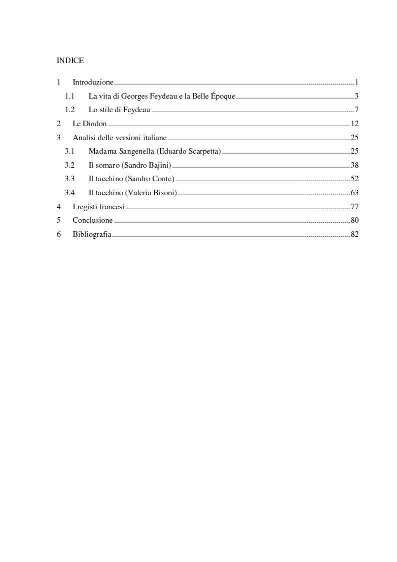 Indice della tesi: Le traduzioni italiane di Le Dindon di Georges Feydeau, Pagina 1