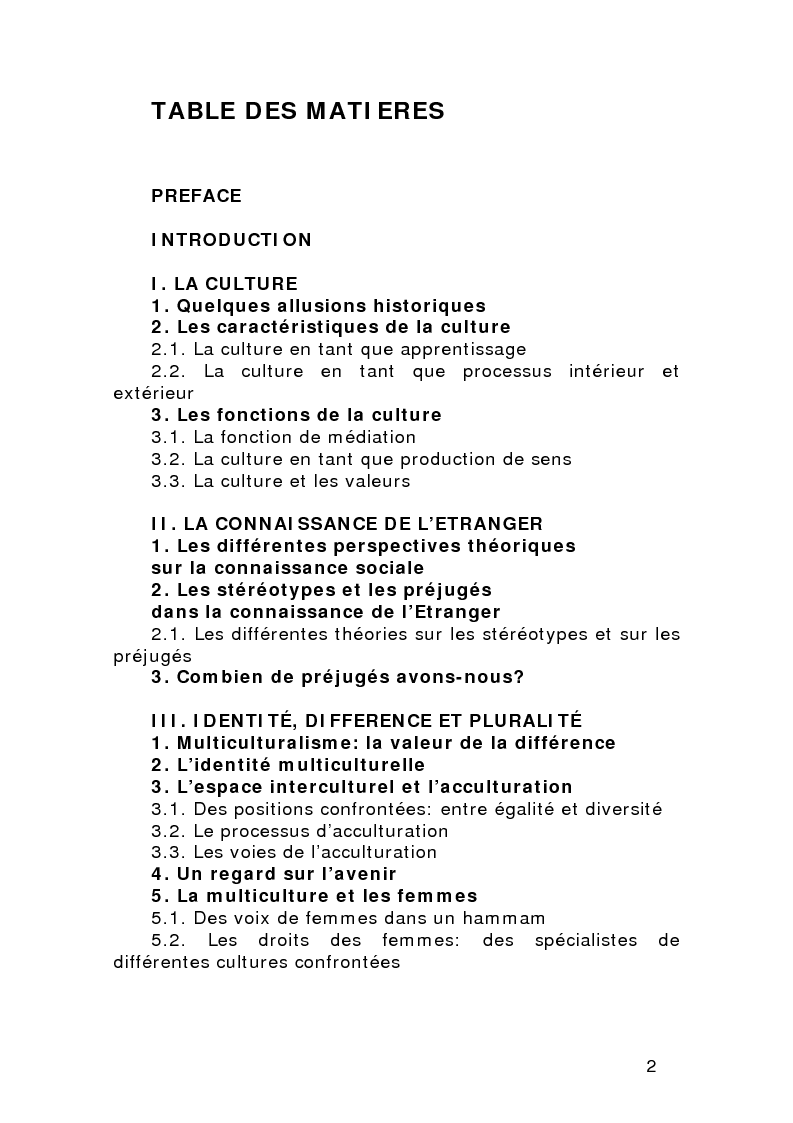Indice della tesi: La société multiculturelle: comprendre l'Etranger, Pagina 1