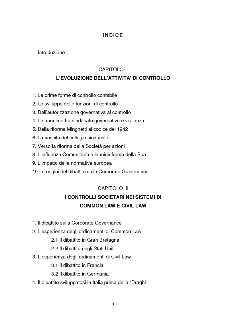 Indice della tesi: La corporate governance in Italia: l'attività di controllo del collegio sindacale, Pagina 1