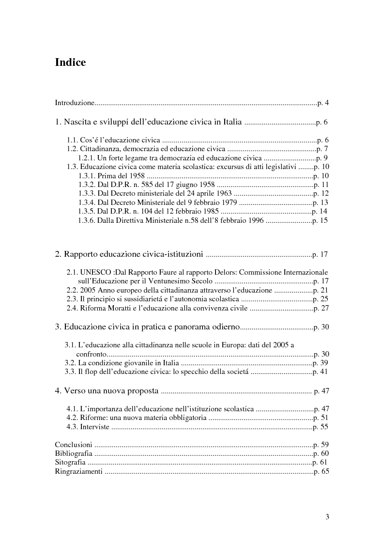 Indice della tesi: Civismo e società: riflessioni per una nuova materia scolastica, Pagina 1