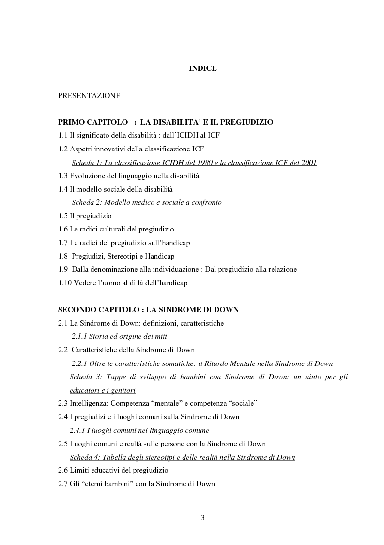 Indice della tesi: Lo sviluppo delle autonomie nelle persone con Sindrome di Down: oltre il pregiudizio, Pagina 1