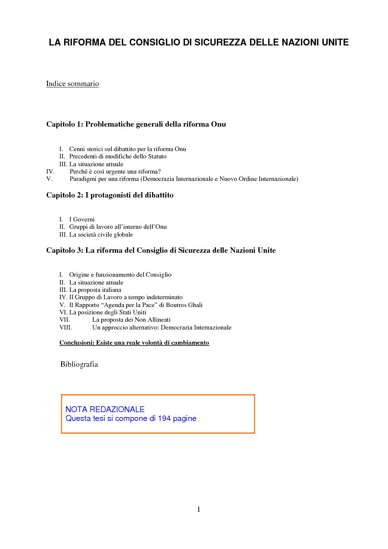 Indice della tesi: La riforma del Consiglio di Sicurezza delle Nazioni Unite, Pagina 1