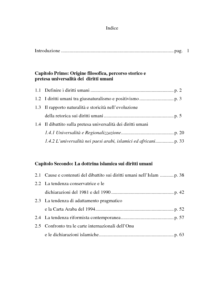 Indice della tesi: Riconoscimento ed effettività dei diritti umani negli Stati a diritto musulmano, Pagina 1