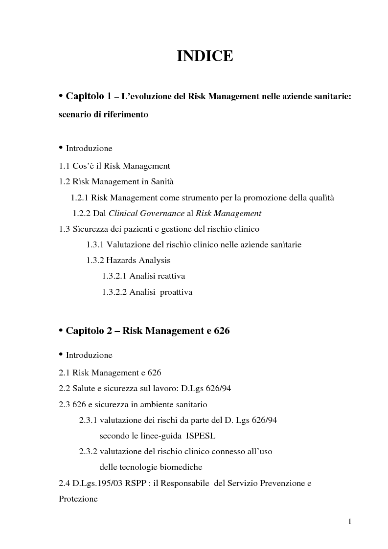 Indice della tesi: Risk Management in ambiente sanitario: il ruolo dell'Ingegnere Biomedico, Pagina 1