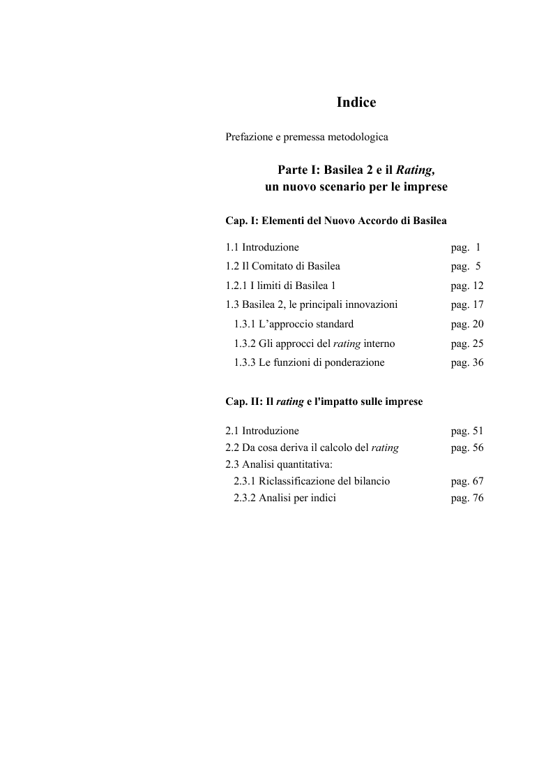 Indice della tesi: Le valutazioni d'azienda secondo i criteri di Basilea 2, Pagina 1