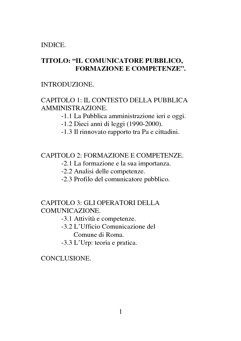 Indice della tesi: Il comunicatore pubblico: formazione e competenze, Pagina 1