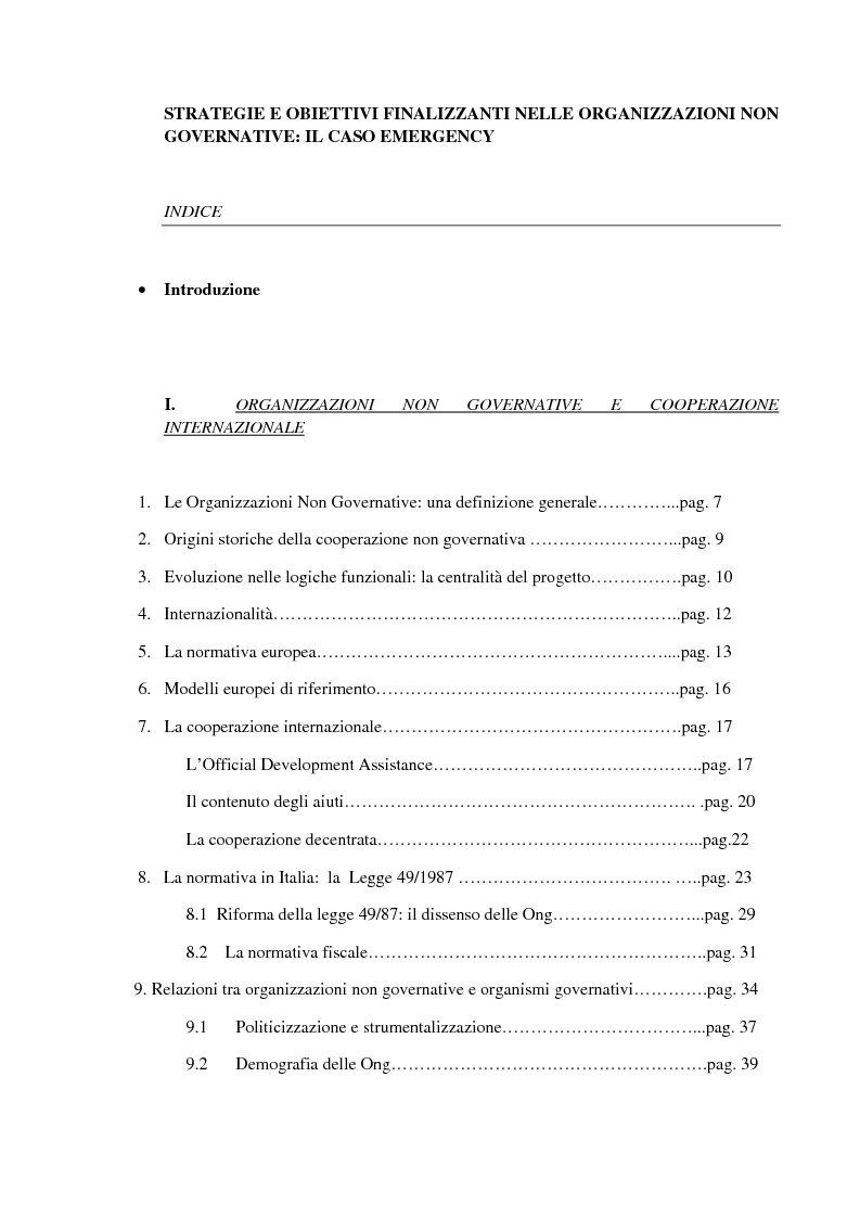 Indice della tesi: Le ong: obiettivi finalizzanti e profili aziendalistici - Il caso Emergency, Pagina 1