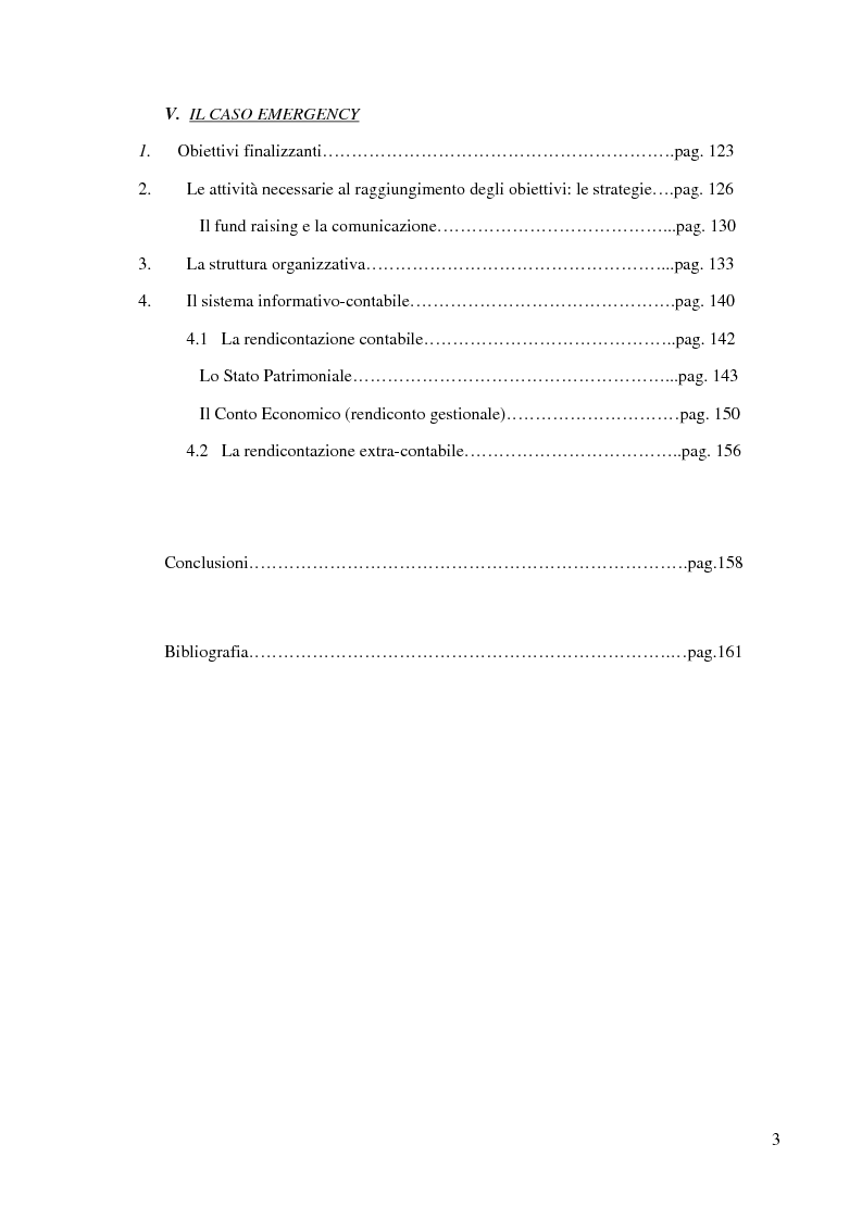 Indice della tesi: Le ong: obiettivi finalizzanti e profili aziendalistici - Il caso Emergency, Pagina 4