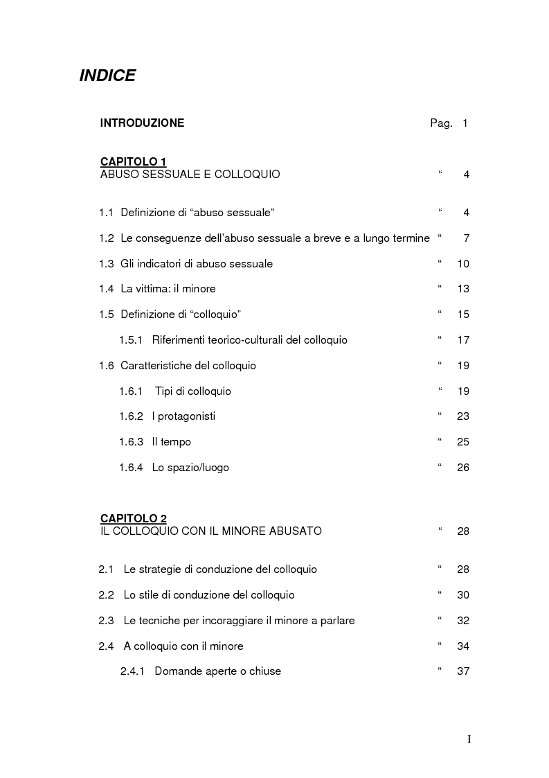 Indice della tesi: L'Assistente Sociale a colloquio con il bambino abusato, Pagina 1