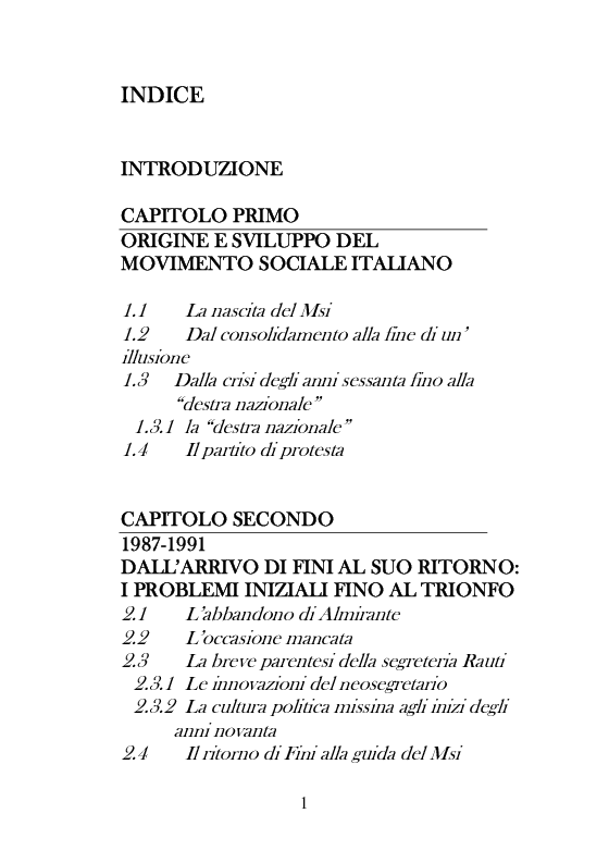 Indice della tesi: Dal Movimento Sociale Italiano ad Alleanza Nazionale (1989-1995), Pagina 1