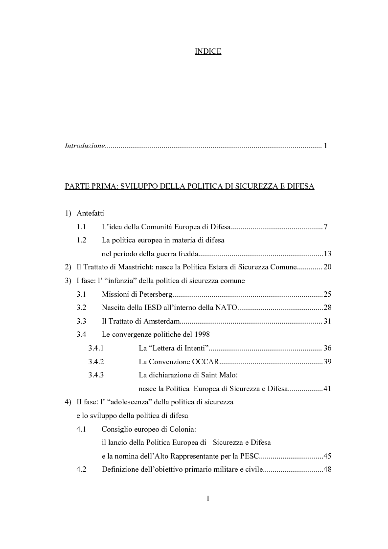 Indice della tesi: La dimensione militare dell'Unione Europea. Sviluppi politici, strumenti, attività operativa, Pagina 1